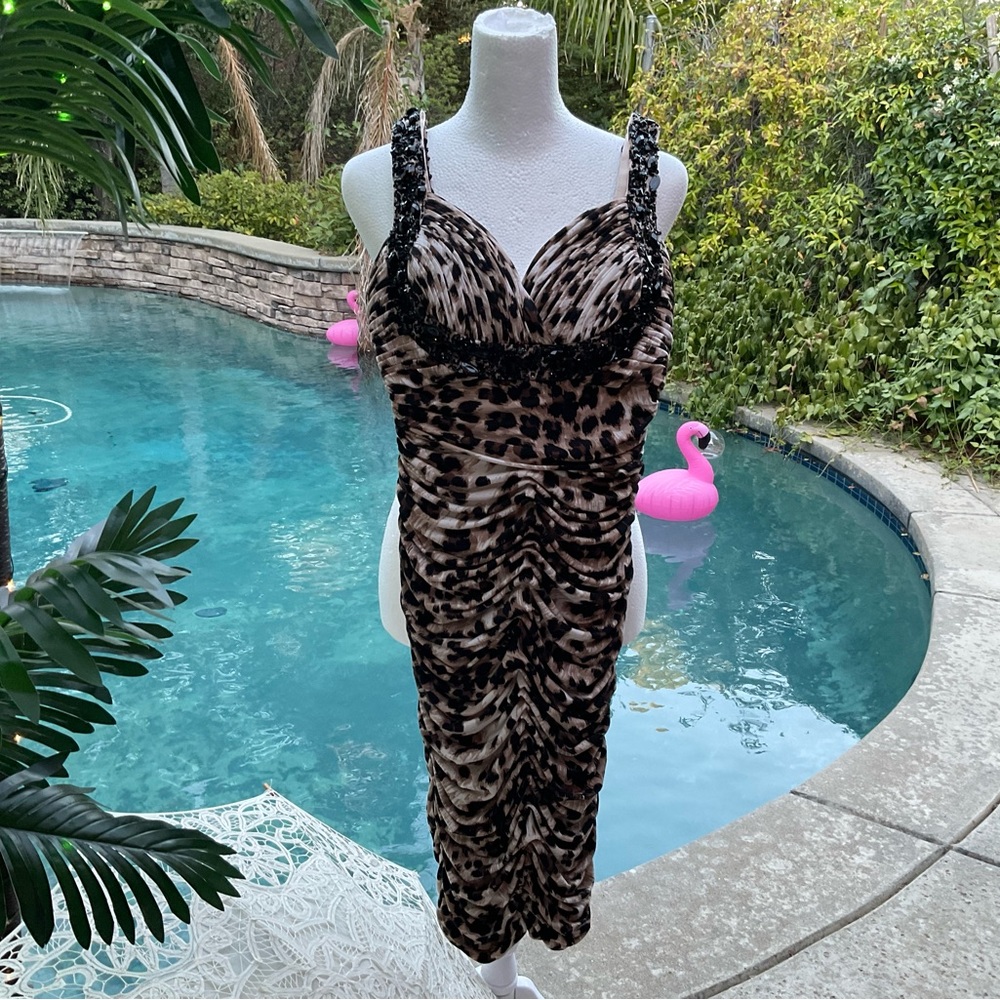 Cache leopard 🐆 bodycon ruched draped beaded embellished Dress Size 0
